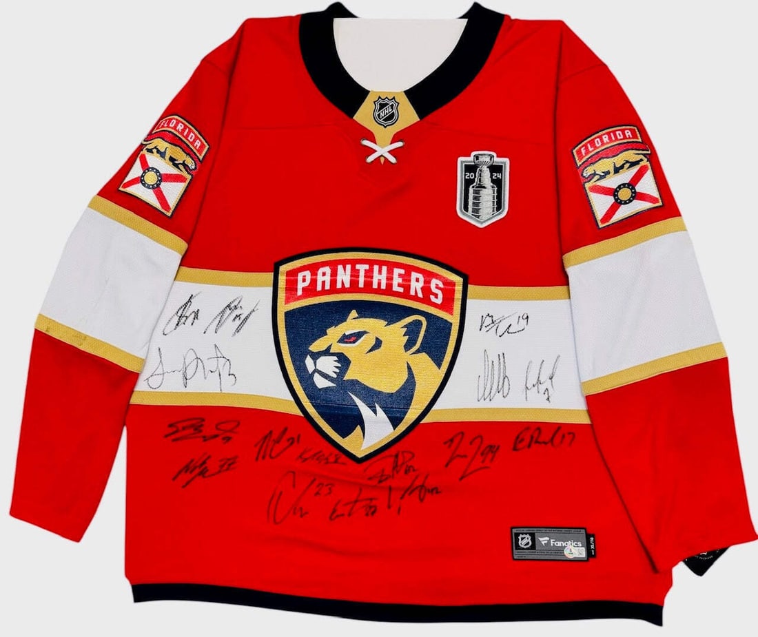 Stanley Cup Champs Authentic Jersey Multi Signed Panthers Florida: Stanley Cup Champs Authentic Jersey Multi Signed Panthers Florida Authentic 2024 Stanley Cup Champs Florida Panthers jersey, multi-signed by multiple players in black sharpie. This unique piece of spo
