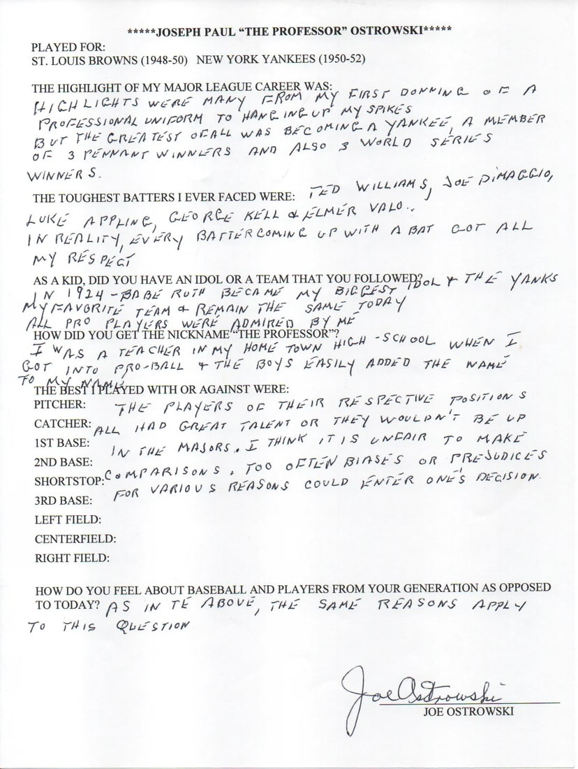 Autographed Hand Filled Out Survey Page By Joe Ostrowski Jsa (1 of 2)