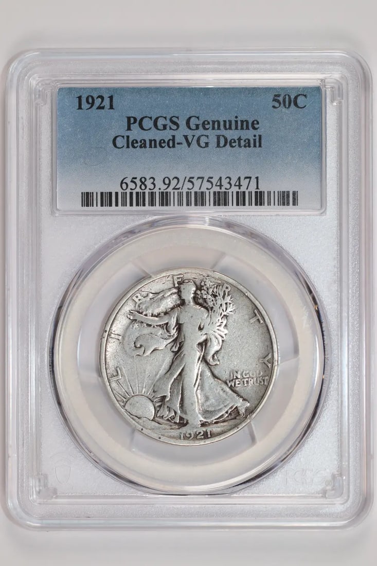 1921 WALKING LIBERTY HALF DOLLAR PCGS VG DETAILS: 1921 WALKING LIBERTY HALF DOLLAR PCGS VG DETAILS The 1921 Walking Liberty Half Dollar, graded VG Details by PCGS, boasts its silver composition and historic design featuring Lady Liberty. With a circu