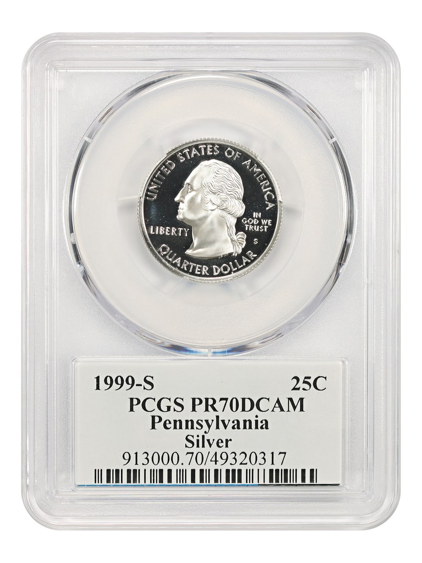 1999-S 25C Pennsylvania PCGS PR70DCAM (Silver) - Washington 50 States Quarters: 1999-S 25C Pennsylvania PCGS PR70DCAM (Silver) - Washington 50 States Quarters PCGS PR70DCAM certified, the 1999-S 25C Pennsylvania quarter boasts an exceptional grade of 70. This uncirculated coin fe