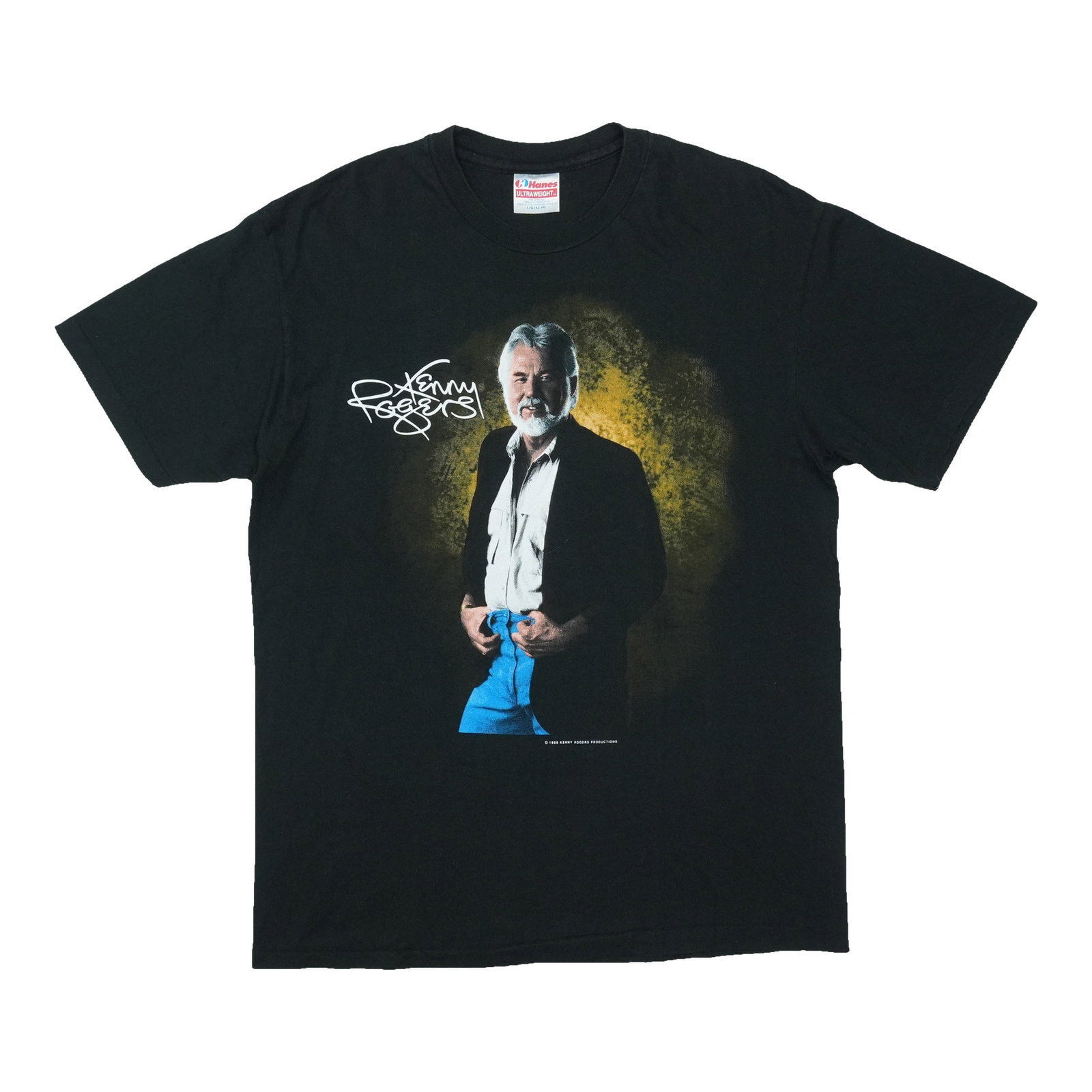 Kenny Rogers Shirt: Kenny Rogers Shirt Large, 100% cotton black shirt from the iconic 1989 Kenny Rogers era. Measuring 20 inches in pit-to-pit length and featuring a classic collar-to-hem design, this vintage tee is in e