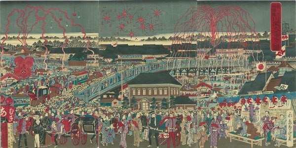 Japanese Woodblock Print Fireworks Ryogoku Bridge Triptych Shungyo 1890: Japanese Woodblock Print Fireworks Ryogoku Bridge Triptych Shungyo 1890 Item Specifics: Artist: Shungyo Subject: Fireworks Ryogoku Bridge Tokyo Material: Paper Style: Japanese Year Of Production: Meij