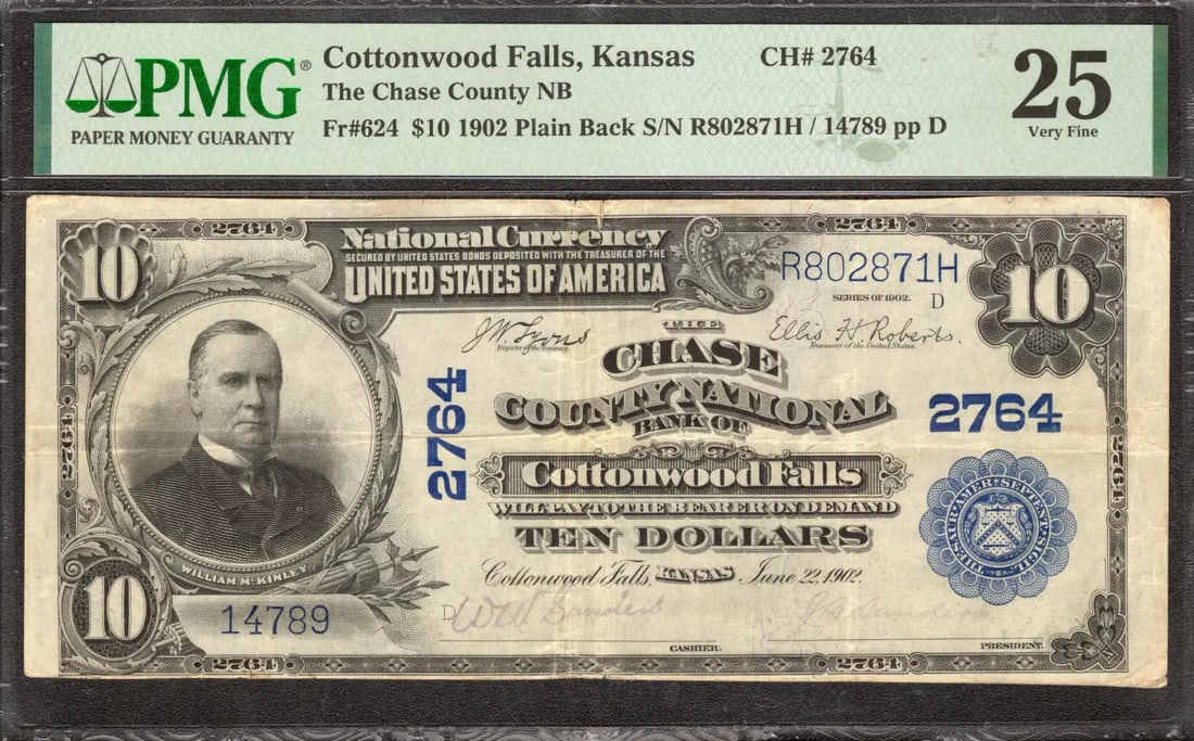 1902 $10 CHASE COUNTY BANKNOTE CURRENCY COTTONWOOD FALLS KS PMG 25 VF (871H): 1902 $10 CHASE COUNTY BANKNOTE CURRENCY COTTONWOOD FALLS KS PMG 25 VF (871H) This 1902 $10 Cottonwood Falls, Kansas banknote from the Chase County Bank features a plain back design and bears the seria