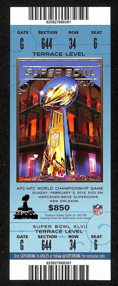 2013 Super Bowl XLVII 47 Full Unused Mint Authentic Ticket Ravens vs 49ers 98879: 2013 Super Bowl XLVII 47 Full Unused Mint Authentic Ticket Ravens vs 49ers 98879 Original 2013 Super Bowl XLVII ticket featuring the Ravens vs 49ers matchup, mint condition and in its original packagi