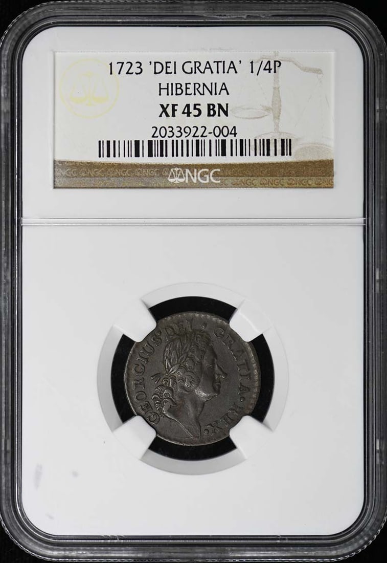 Dei Gratia Hibernia 1/ 4P NGC Xf45bn: Dei Gratia Hibernia 1/ 4P NGC Xf45bn Item Specifics: Certification: NGC Certification Number: 2033922004 Grade: XF45 Year: NONE Circulated/Uncirculated: Circulated Mint Location: Philadelphia Product 