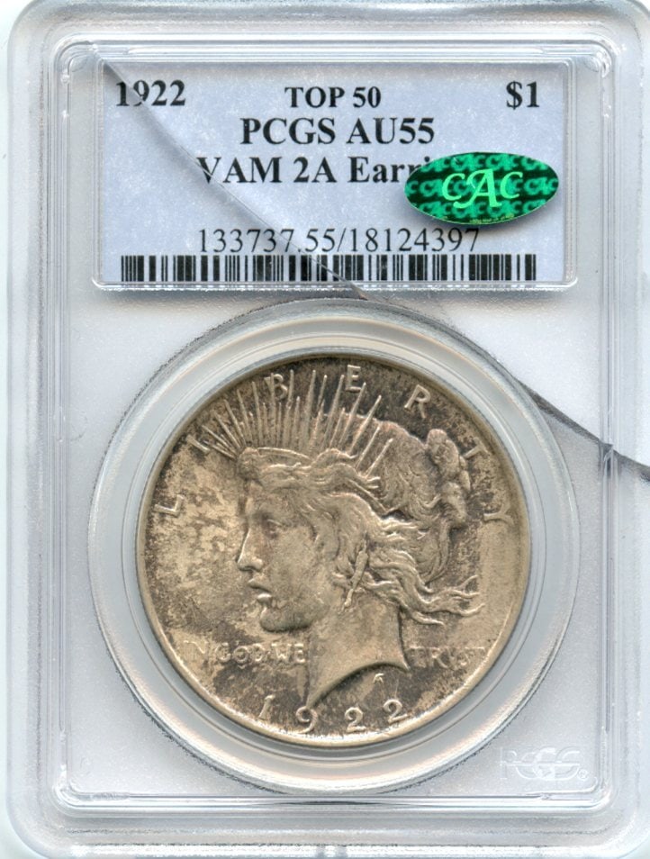 C3914- 1922 VAM-2A "EAR RING LDS" TOP 50 PEACE DOLLAR PCGS AU55 CAC: C3914- 1922 VAM-2A "EAR RING LDS" TOP 50 PEACE DOLLAR PCGS AU55 CAC PCGS AU55 CAC, this 1922 VAM-2A "EAR RING LDS" Peace Dollar features a striking design with an ear ring motif on the reverse. The co