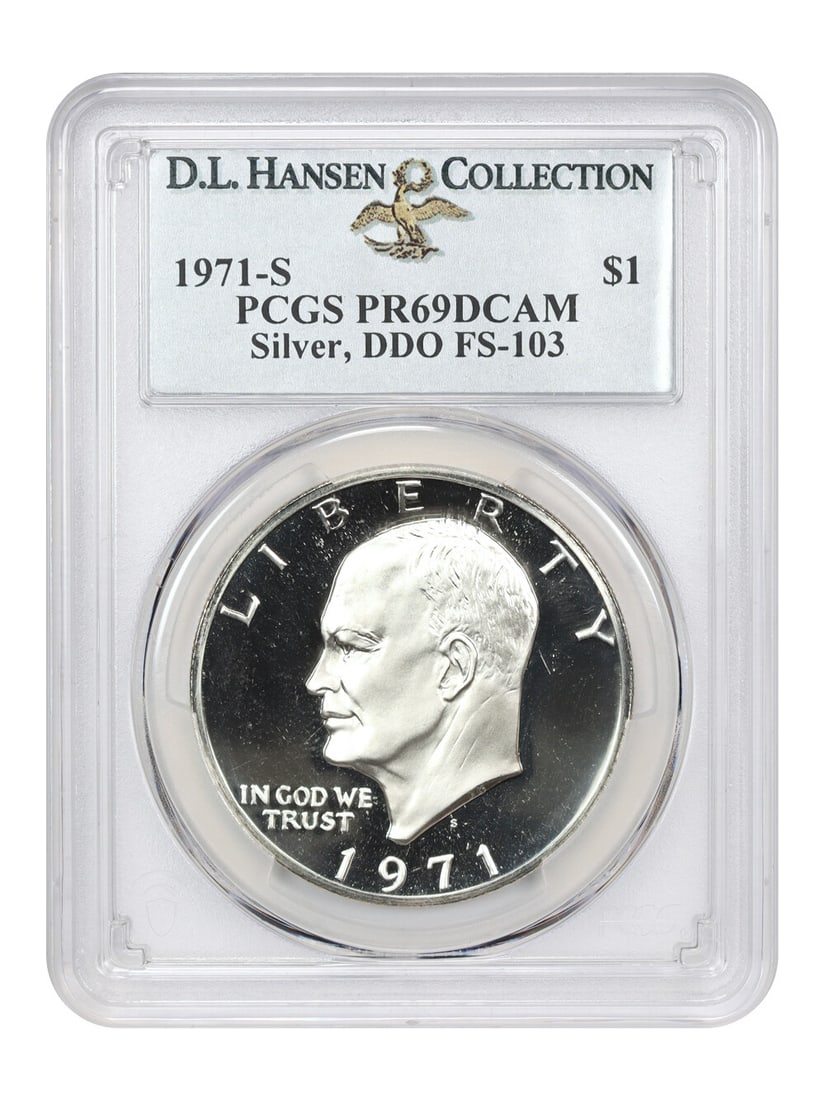 1971-S $1 PCGS PR69DCAM (DDO, FS-103, Silver) ex: D.L. Hansen: 1971-S $1 PCGS PR69DCAM (DDO, FS-103, Silver) ex: D.L. Hansen PCGS PR69DCAM graded $1 silver dollar from the 1971 San Francisco mint, featuring a high level of detail and sharpness. This coin has been