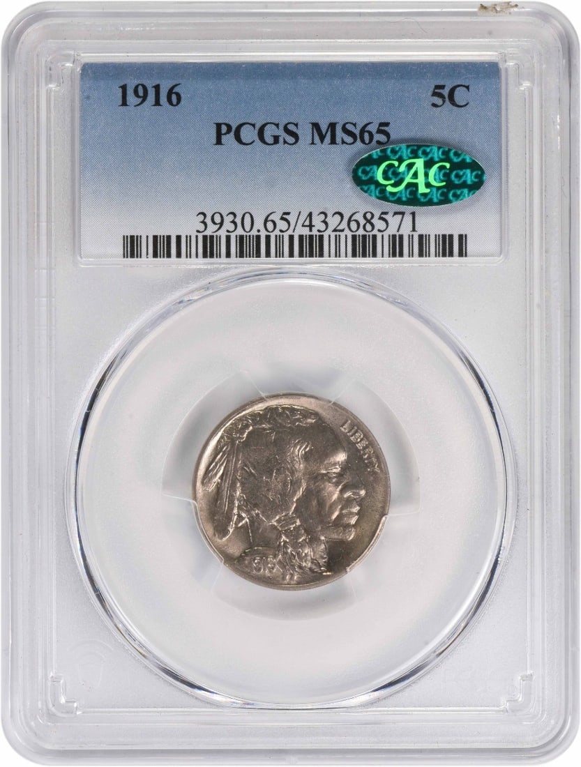 1916 Buffalo Nickel MS65 PCGS (CAC): 1916 Buffalo Nickel MS65 PCGS (CAC) MS65 PCGS certified, the 1916 Buffalo Nickel boasts exceptional condition with a high grade from the prestigious Professional Coin Grading Service. This Uncirculate