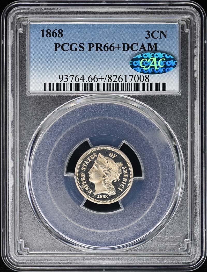 1868 3CN Three Cent Nickel PCGS PR66+DCAM (CAC): 1868 3CN Three Cent Nickel PCGS PR66+DCAM (CAC) The 1868 Three Cent Nickel, graded PR66+ by PCGS, boasts exceptional condition with a high level of detail and luster. This stunning example has been ce