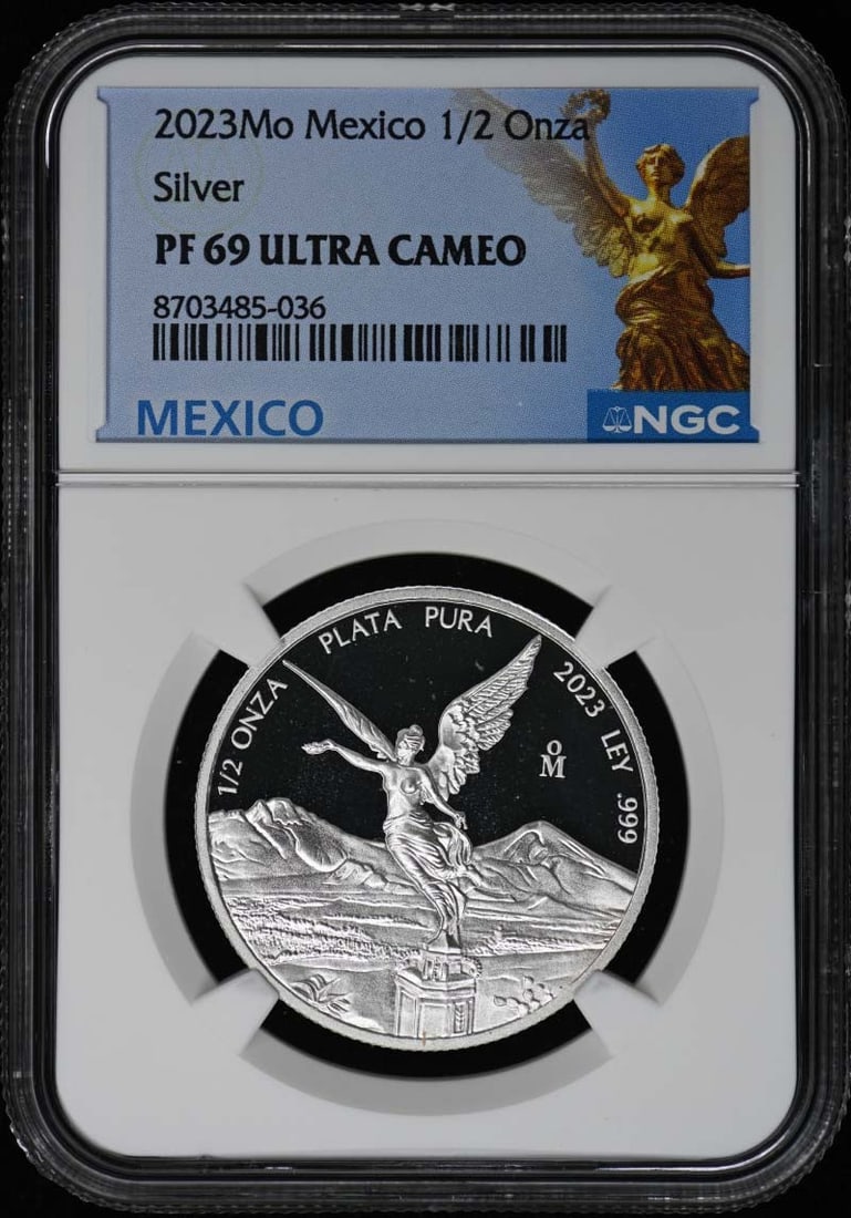 2023Mo Mexico Silver 1/ 2 Onza NGC PR69DCAM: 2023Mo Mexico Silver 1/ 2 Onza NGC PR69DCAM The 2023 Mexico Silver 1/2 Onza NGC PR69DCAM coin boasts a stunning grade of PR69, indicating exceptional condition with minimal imperfections. This uncircu