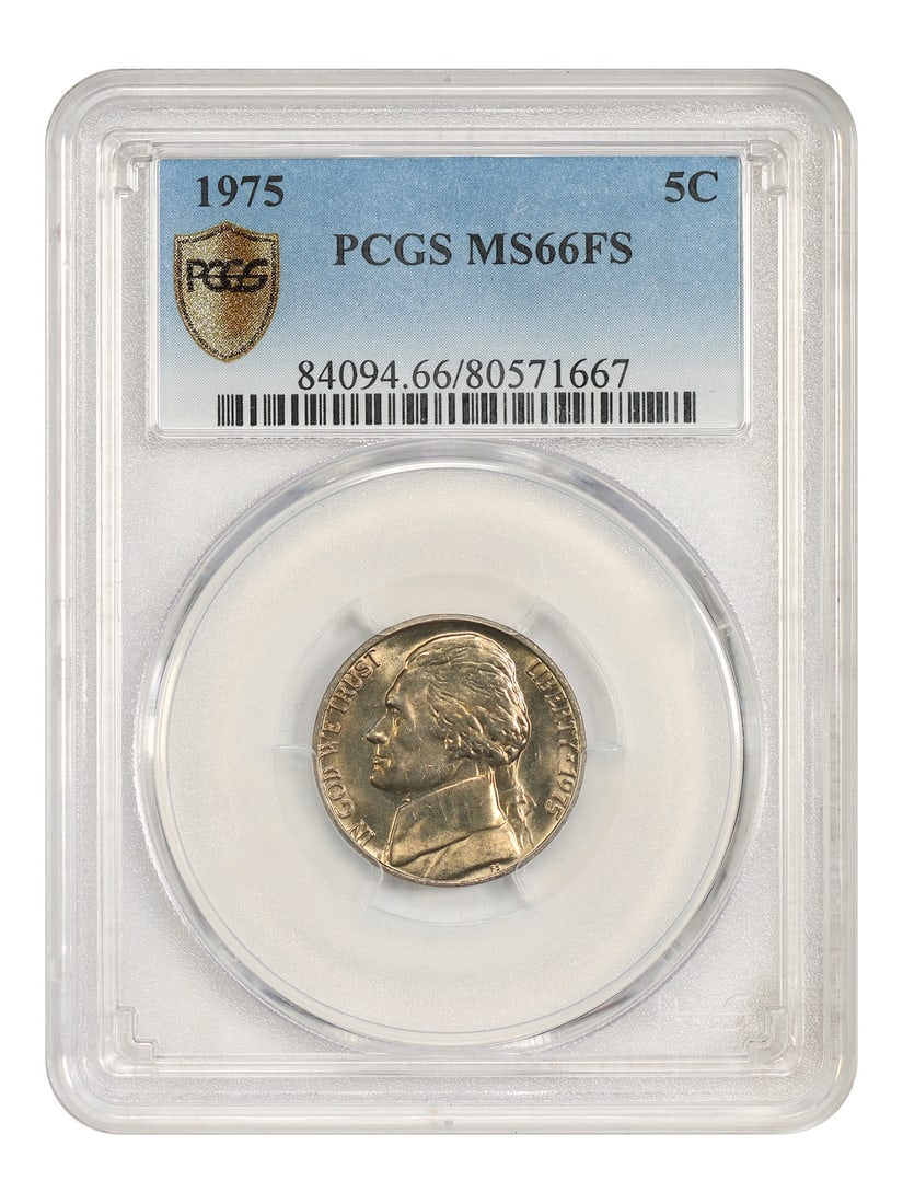 1975 5C PCGS MS66FS - Jefferson Nickel: 1975 5C PCGS MS66FS - Jefferson Nickel The 1975 Jefferson Nickel, graded MS66FS by PCGS, boasts exceptional condition with a high level of preservation. This uncirculated coin features the iconic desi