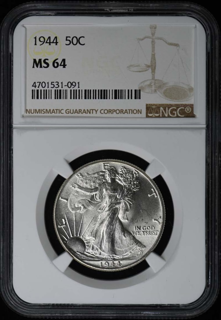 1944 Walking Liberty Half Dollar 50C NGC MS64: 1944 Walking Liberty Half Dollar 50C NGC MS64 The 1944 Walking Liberty Half Dollar, certified MS64 by NGC, showcases its exceptional condition with a high-grade mint mark. This uncirculated coin featu