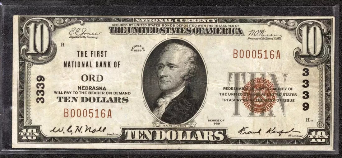 1929 $10 FIRST NATIONAL BANKNOTE CURRENCY ORD NEBRASKA (516A): 1929 $10 FIRST NATIONAL BANKNOTE CURRENCY ORD NEBRASKA (516A) The 1929 $10 First National Banknote from Nebraska (516A) features a unique serial number and is part of the circulated series. This note