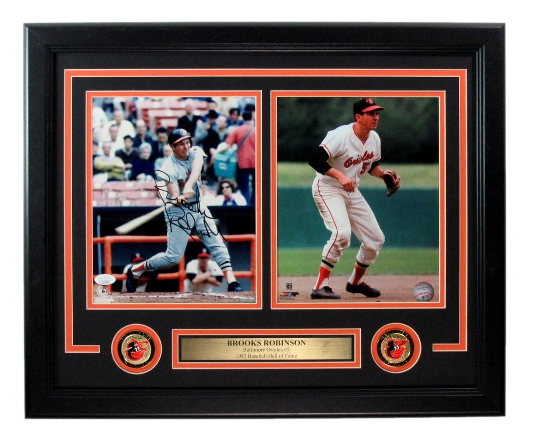Signed Photo Collage HOF Framed Orioles JSA 8x10 Auto Brooks: Signed Photo Collage HOF Framed Orioles JSA 8x10 Auto Brooks Signed photo collage featuring Brooks, an iconic figure in baseball history. This beautifully framed 8x10 inch JSA authenticated auto