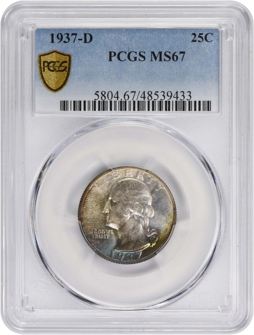 1937-D Washington Silver Quarter MS67 Toned PCGS: 1937-D Washington Silver Quarter MS67 Toned PCGS MS67 Toned Washington Quarter, certified by PCGS as Uncirculated. This 1937-D quarter showcases toning on its surface, a natural patina that adds