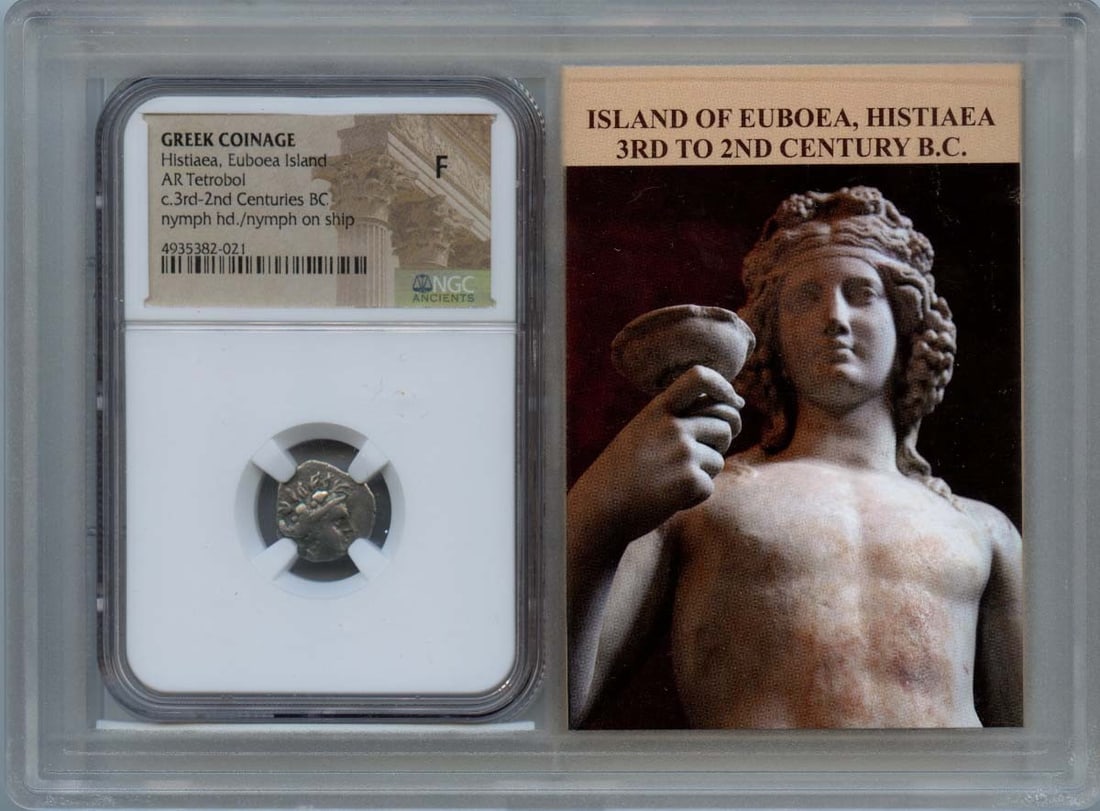 Histiaea, Euboea Island GREEK COINAGE AR Tetrobol NGC F12: Histiaea, Euboea Island GREEK COINAGE AR Tetrobol NGC F12 NGC F12 graded ancient Roman tetrobol coin from Euboea Island, Greece. This rare and historic coin bears the mark of NGC certification, provid