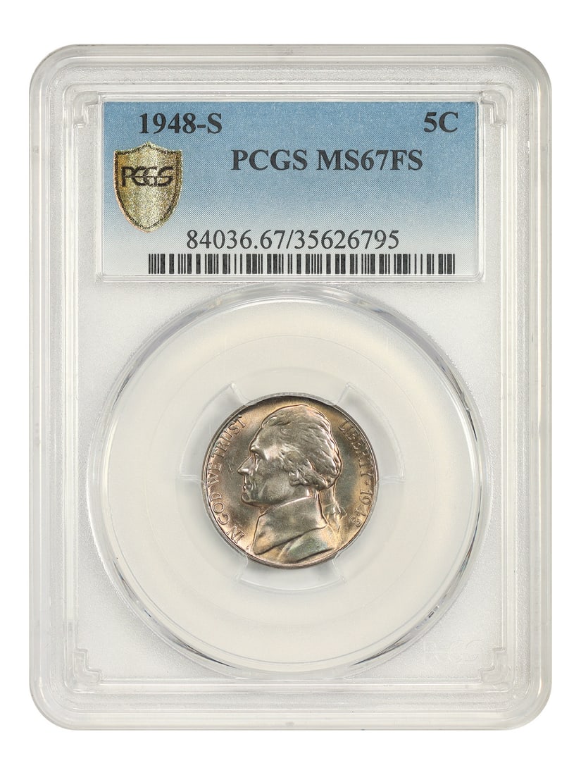 1948-S 5C PCGS MS67FS - Jefferson Nickel: 1948-S 5C PCGS MS67FS - Jefferson Nickel The 1948-S Jefferson Nickel, graded MS67FS by PCGS, showcases exceptional mint state condition with striking details. This uncirculated coin features the iconi