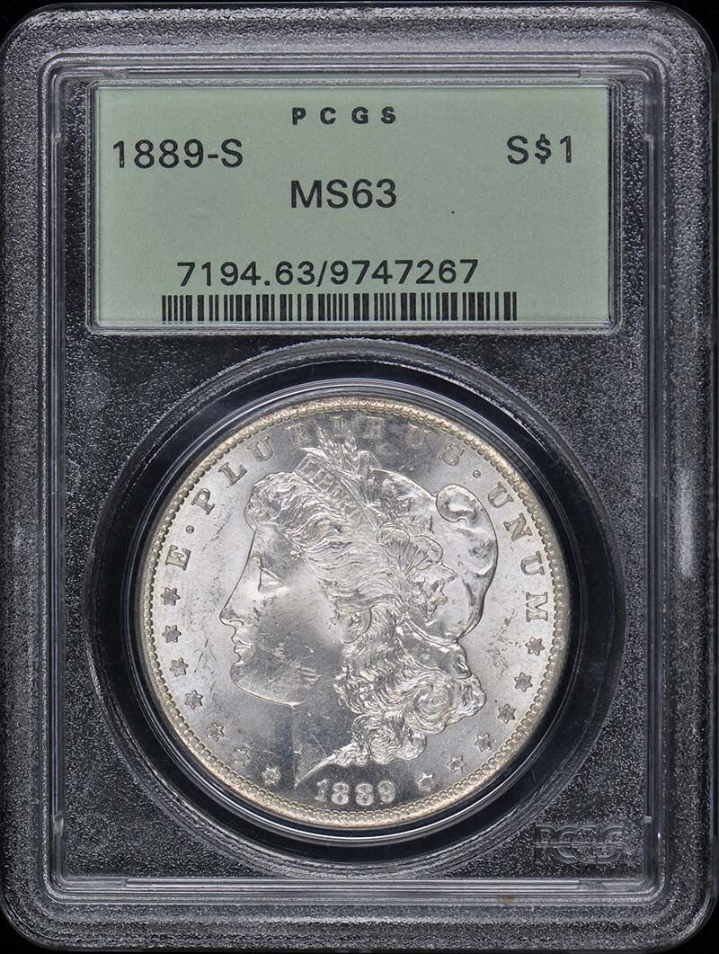 1889-S $1 Morgan Dollar PCGS OGH MS63: 1889-S $1 Morgan Dollar PCGS OGH MS63 The 1889-S $1 Morgan Dollar, graded MS63 by PCGS, showcases its uncirculated condition with striking details. Certified by the prestigious Professional Coin Gradi