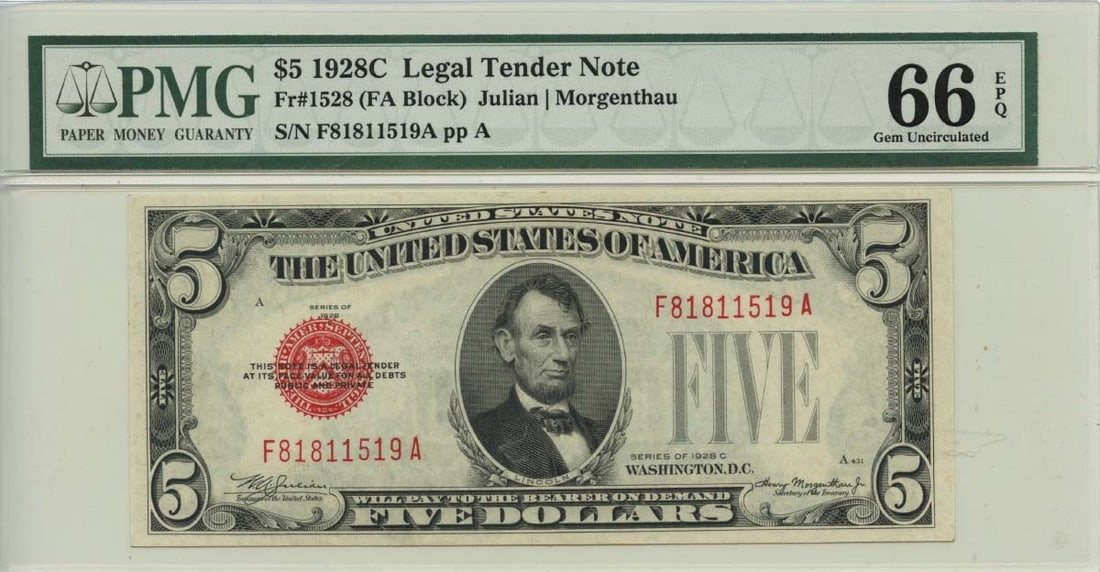 1928C $5 Legal Tender Note Fr# 1528 PMG Gem66 EPQ: 1928C $5 Legal Tender Note Fr# 1528 PMG Gem66 EPQ The 1928C $5 Legal Tender Note, Fr# 1528, boasts a stunning MS66 grade and is certified by PMG, one of the most respected authorities in the field. Th
