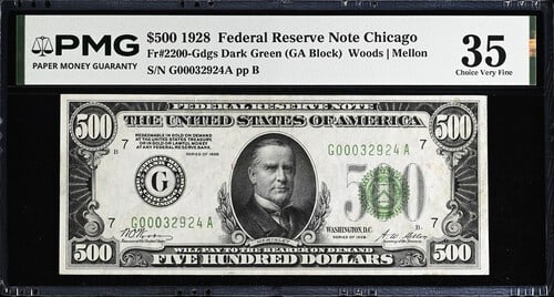 1928 $500 FEDERAL RESERVE NOTE FR. 2200-G PMG VF35 PINHOLES, SMALL TEAR (1 of 2)