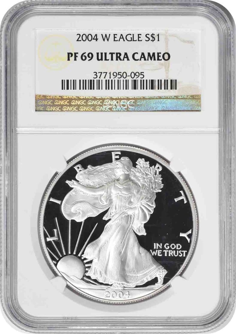 2004-W $1 American Silver Eagle PF69UCAM NGC: 2004-W $1 American Silver Eagle PF69UCAM NGC 2004-W $1 American Silver Eagle PF69UCAM NGC, graded PR69 by the Numismatic Guaranty Corporation (NGC) and bearing a proof certification mark. This 40.60mm