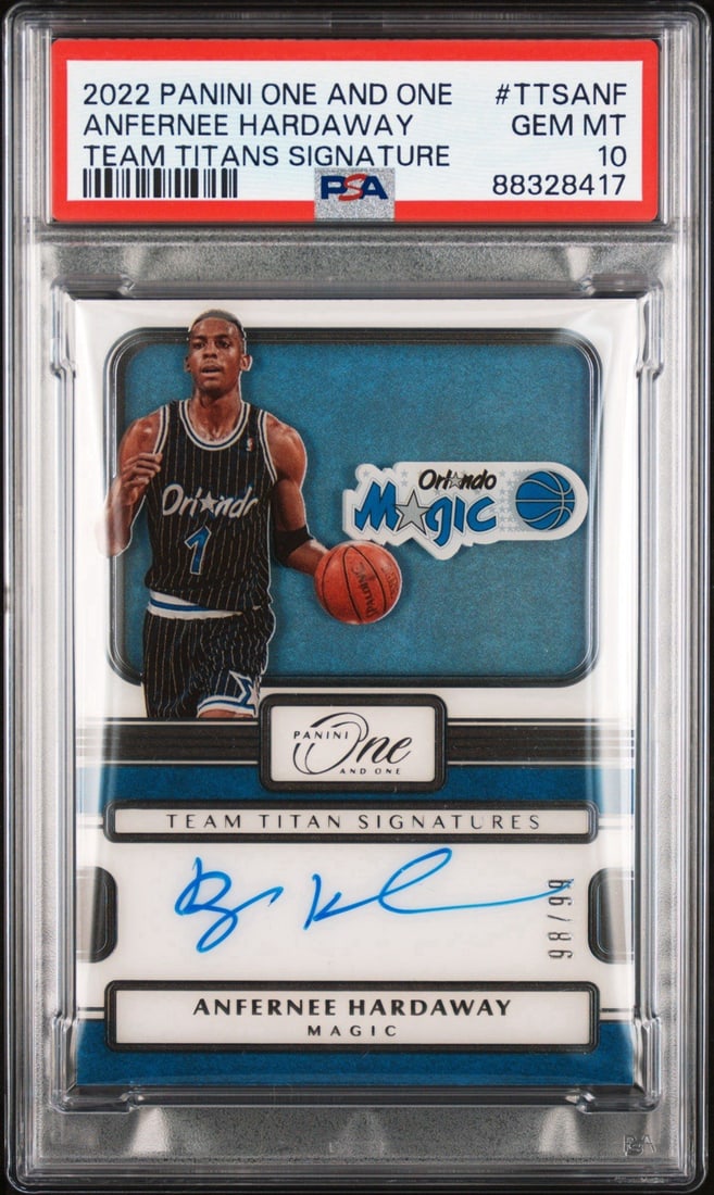 2022 PANINI ONE AND ONE ANFERNEE HARDAWAY TEAM TITANS SIGNATURE AUTO/ 99 PSA 10: 2022 PANINI ONE AND ONE ANFERNEE HARDAWAY TEAM TITANS SIGNATURE AUTO/ 99 PSA 10 Signed by Anfernee Hardaway, this 2022 Panini One and One Autograph card boasts a PSA 10 grade, making it one of the hig