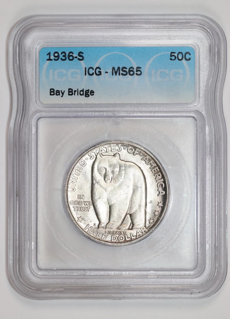 MS65 1936 Bay Bridge Commemorative Half Dollar: MS65 1936 Bay Bridge Commemorative Half Dollar The MS65 1936 Bay Bridge Commemorative Half Dollar boasts an impressive grade, reflecting its exceptional condition. Certified by the ICG, this silver co
