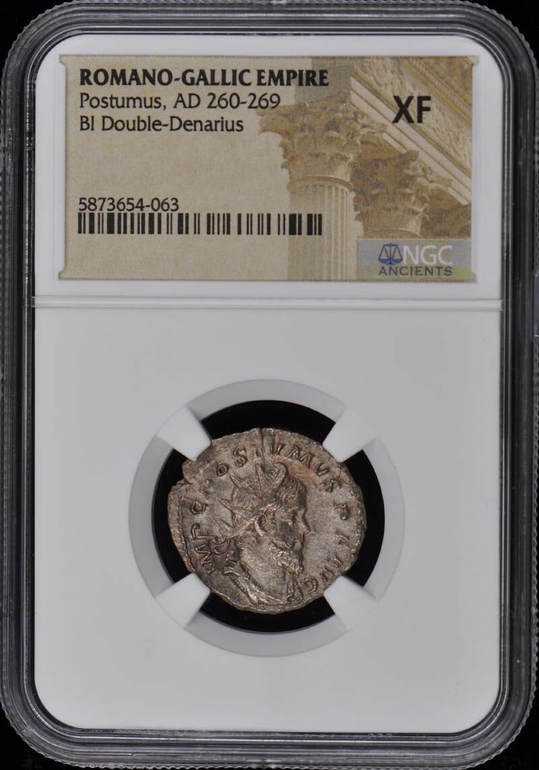 Postumus, AD 260-269 ROMANO-GALLIC EMPIRE BI Double-Denarius NGC XF40: Postumus, AD 260-269 ROMANO-GALLIC EMPIRE BI Double-Denarius NGC XF40 Postumus, AD 260-269 ROMANO-GALLIC EMPIRE BI Double-Denarius NGC XF40. This ancient Roman coin features a notable bi double-denari