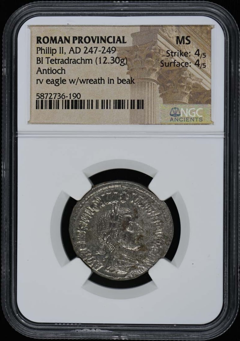 Philip II, AD 247-249 ROMAN PROVINCIAL BI Tetradrachm NGC MS60: Philip II, AD 247-249 ROMAN PROVINCIAL BI Tetradrachm NGC MS60 MS60 graded NGC, this Ancient Roman Provincial BI Tetradrachm features a well-preserved design and striking details. Certified to high st