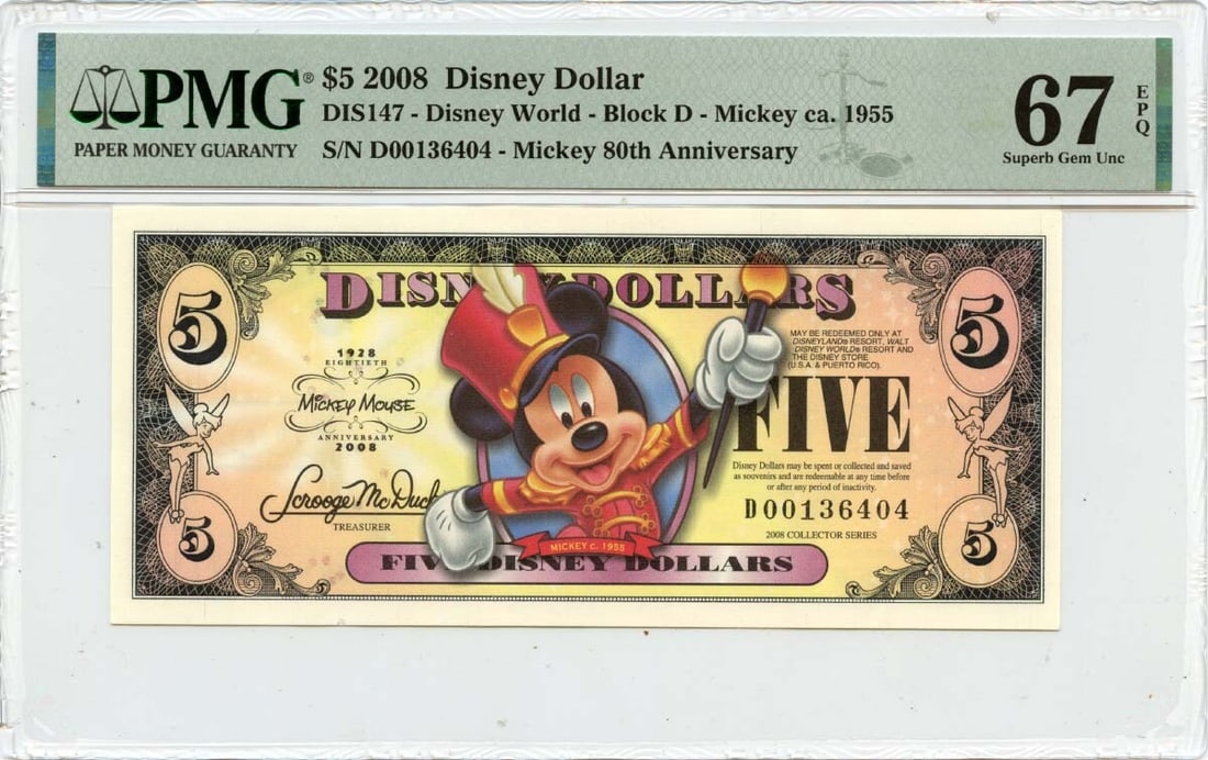 2008 $5 Disney Dollar Mickey 80th Anni DIS147 PMG Gem67 EPQ: 2008 $5 Disney Dollar Mickey 80th Anni DIS147 PMG Gem67 EPQ The 2008 $5 Disney Dollar Mickey, certified by PMG as MS67 Uncirculated, boasts a stunning Gem67 grade. This highly detailed and colorful co