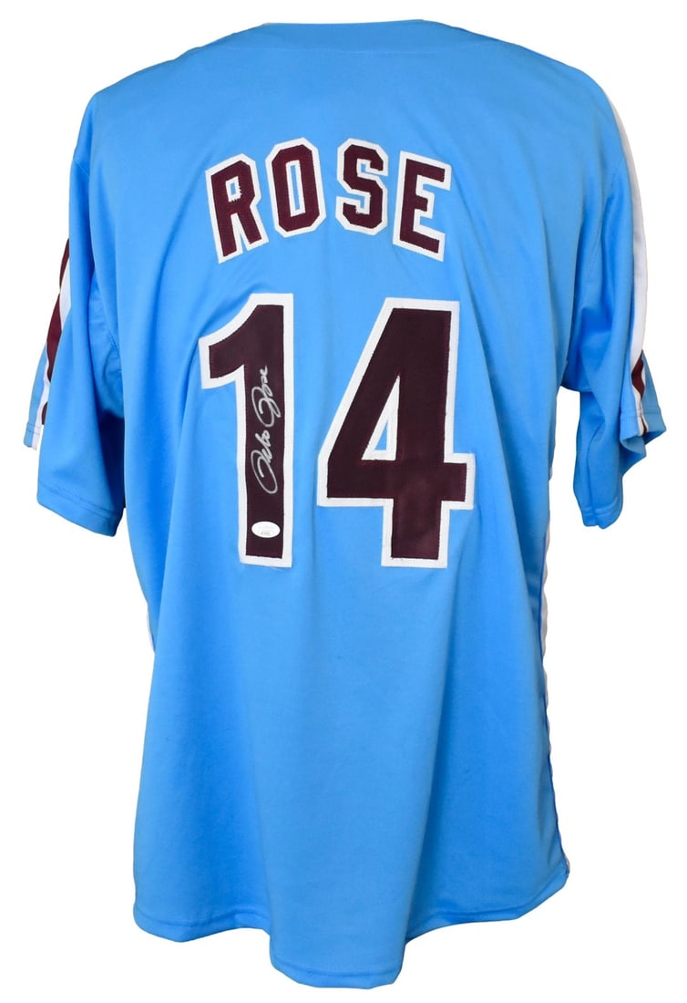 Pete Rose Signed/ Autographed Blue Custom Baseball Jersey Phillies JSA 204944: Pete Rose Signed/ Autographed Blue Custom Baseball Jersey Phillies JSA 204944 Authentic Pete Rose signed blue custom baseball jersey, verified by James Spence Authentication (JSA), showcasing the lege