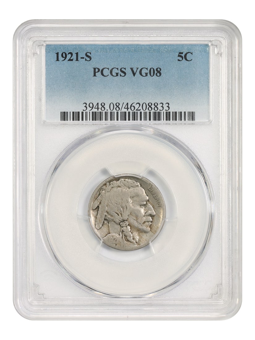 1921-S 5C PCGS VG08 - Buffalo Nickel - Key Date: 1921-S 5C PCGS VG08 - Buffalo Nickel - Key Date 1921-S Buffalo Nickel in VG08 condition, certified by PCGS. This circulated coin features the iconic design of the Buffalo Nickel, minted in San Francis