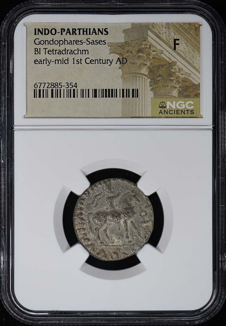 Gondophares-Sases INDO-PARTHIANS BI Tetradrachm NGC F: Gondophares-Sases INDO-PARTHIANS BI Tetradrachm NGC F NGC F graded Gondophares-Sases INDO-PARTHIANS BI Tetradrachm, featuring a notable signature. This ancient coin bears the mark of NGC certification