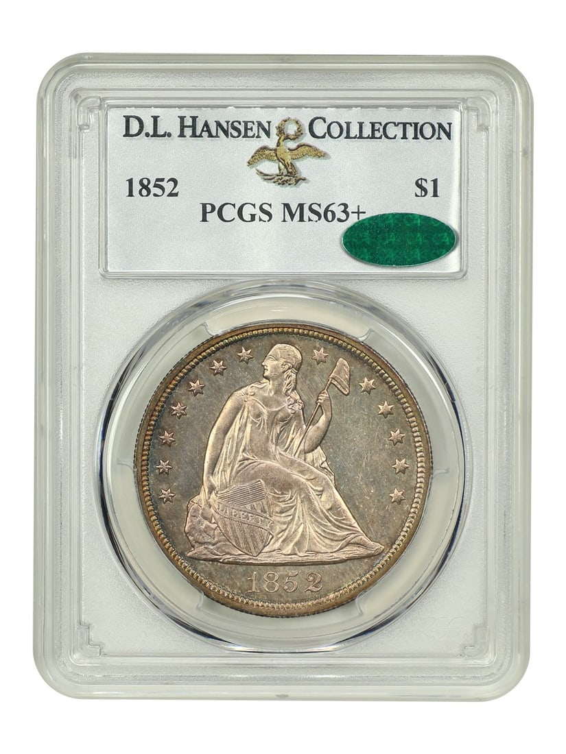 1852 $1 PCGS/ CAC MS63+ ex: D.L. Hansen - Liberty Seated Dollar: 1852 $1 PCGS/ CAC MS63+ ex: D.L. Hansen - Liberty Seated Dollar The 1852 $1 Liberty Seated Dollar, graded MS63+ by PCGS/CAC, boasts an impressive level of detail and luster. This uncirculated coin fea