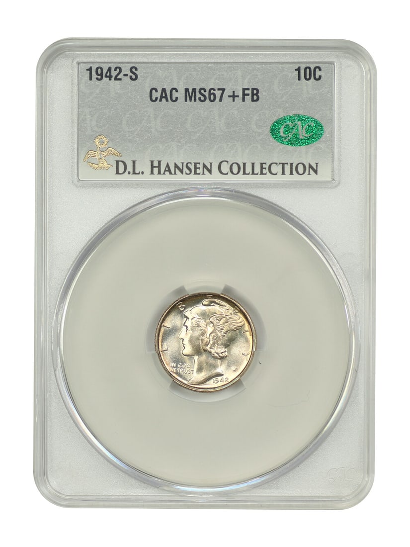 1942-S 10C CACG MS67+FB ex: D.L. Hansen - Mercury Dime: 1942-S 10C CACG MS67+FB ex: D.L. Hansen - Mercury Dime The 1942-S Mercury Dime, graded MS67+FB by CACG, boasts exceptional condition with a high grade designation. This uncirculated coin features the 