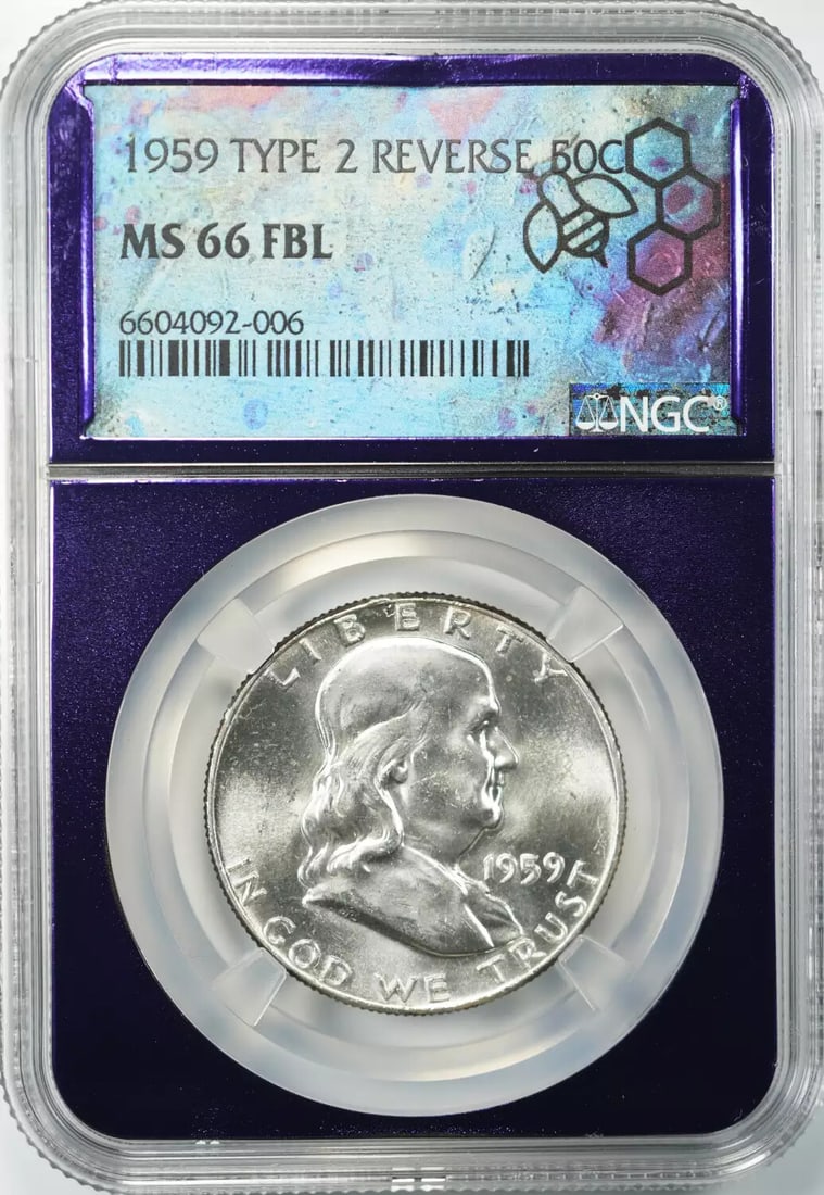 FRANKLIN HALF DOLLAR 1959 50C TYPE 2 REV NGC MS 66 FBL UNC FULL BELL LINES: FRANKLIN HALF DOLLAR 1959 50C TYPE 2 REV NGC MS 66 FBL UNC FULL BELL LINES The 1959 Franklin half dollar, Type 2, boasts a striking MS 66 grade from the Numismatic Guaranty Corporation (NGC), showcasi