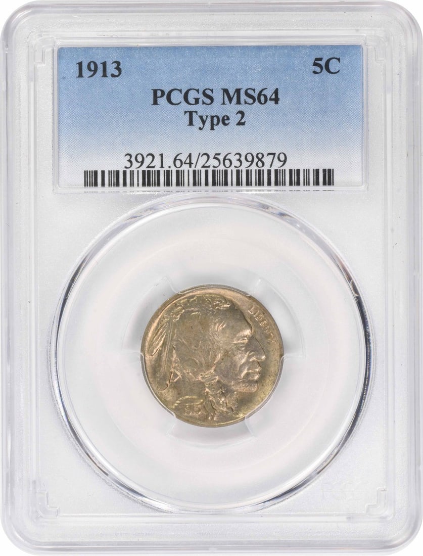 Buffalo Nickel Type 2 MS64 PCGS: Buffalo Nickel Type 2 MS64 PCGS The Buffalo Nickel Type 2, graded MS64 by PCGS, showcases its exceptional condition with a circulated/ununcirculated certification. This 1913 coin boasts a striking des