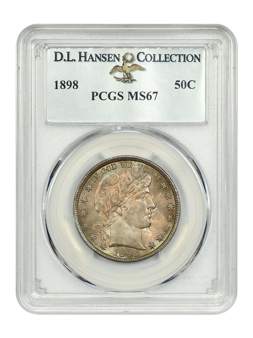 1898 50C PCGS MS67 ex: D.L. Hansen: 1898 50C PCGS MS67 ex: D.L. Hansen PCGS MS67 graded 1898 Barber Half Dollar, certified by the prestigious Professional Coin Grading Service (PCGS) with a high level of detail and luster. This uncircul