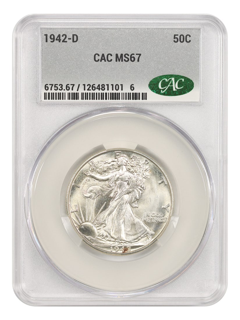 1942-D 50C CACG MS67 - Walking Liberty Half Dollar: 1942-D 50C CACG MS67 - Walking Liberty Half Dollar The 1942-D Walking Liberty Half Dollar, graded MS67 by CACG, boasts exceptional detail and luster in its finely minted state. This coin's rich histor