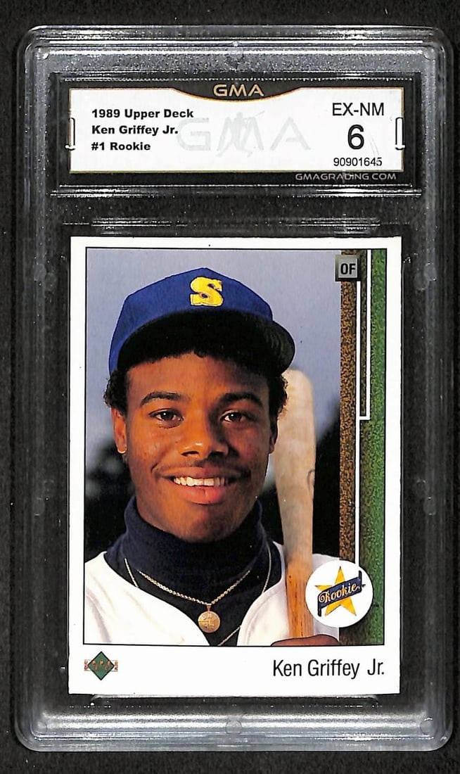 HOF Mariners Ken Griffey Jr 1989 Upper Deck Rookie Card #1 GMA 6 209864: HOF Mariners Ken Griffey Jr 1989 Upper Deck Rookie Card #1 GMA 6 209864 Original 1989 Upper Deck Rookie Card #1, featuring Ken Griffey Jr in his iconic baseball uniform. This card is part of the Photo