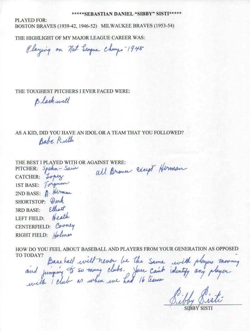 Autographed Hand Filled Out Survey By Sibby Sisti Jsa: Autographed Hand Filled Out Survey By Sibby Sisti Jsa Item Specifics: Brand: James Spence Authentication (JSA) Sibby Sisti Autographed Hand Filled Out Survey Page Signed and filled out in blue pen acr