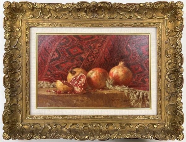 Lionel Picker Pomegranates Textile 1987 Signed Oil Painting Galerie Tamenaga (1 of 10)