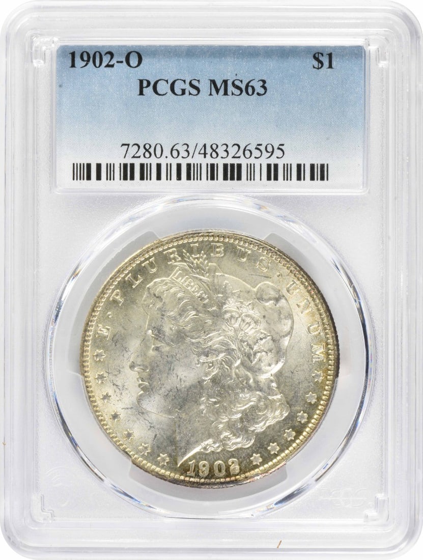 1902-O Morgan Silver Dollar MS63 PCGS: 1902-O Morgan Silver Dollar MS63 PCGS The 1902-O Morgan Silver Dollar MS63 PCGS boasts exceptional condition, with its reeded edge and circulated/ununcirculated certification from the esteemed PCGS. T