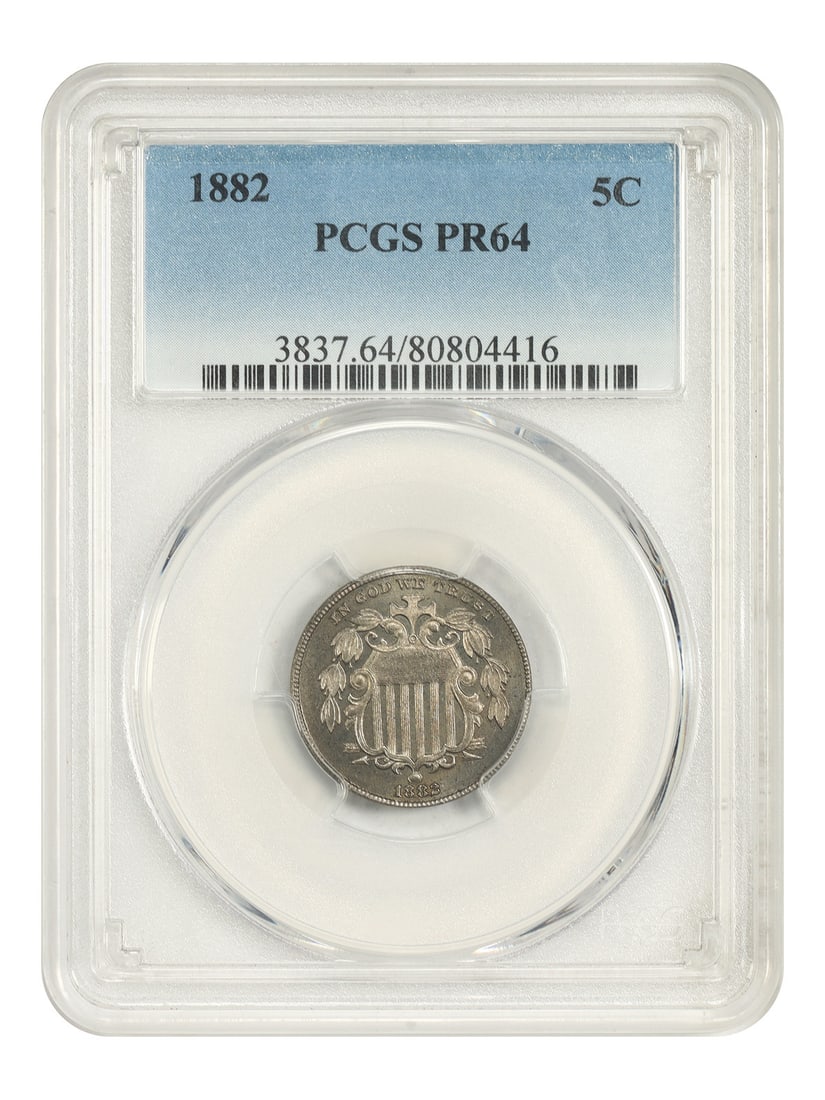 Shield nickel PCGS PR64 1882: Shield nickel PCGS PR64 1882 Shield nickel PCGS PR64 1882, certified by the Professional Coin Grading Service (PCGS) as an Uncirculated coin from 1882, featuring a striking shield design on its obvers