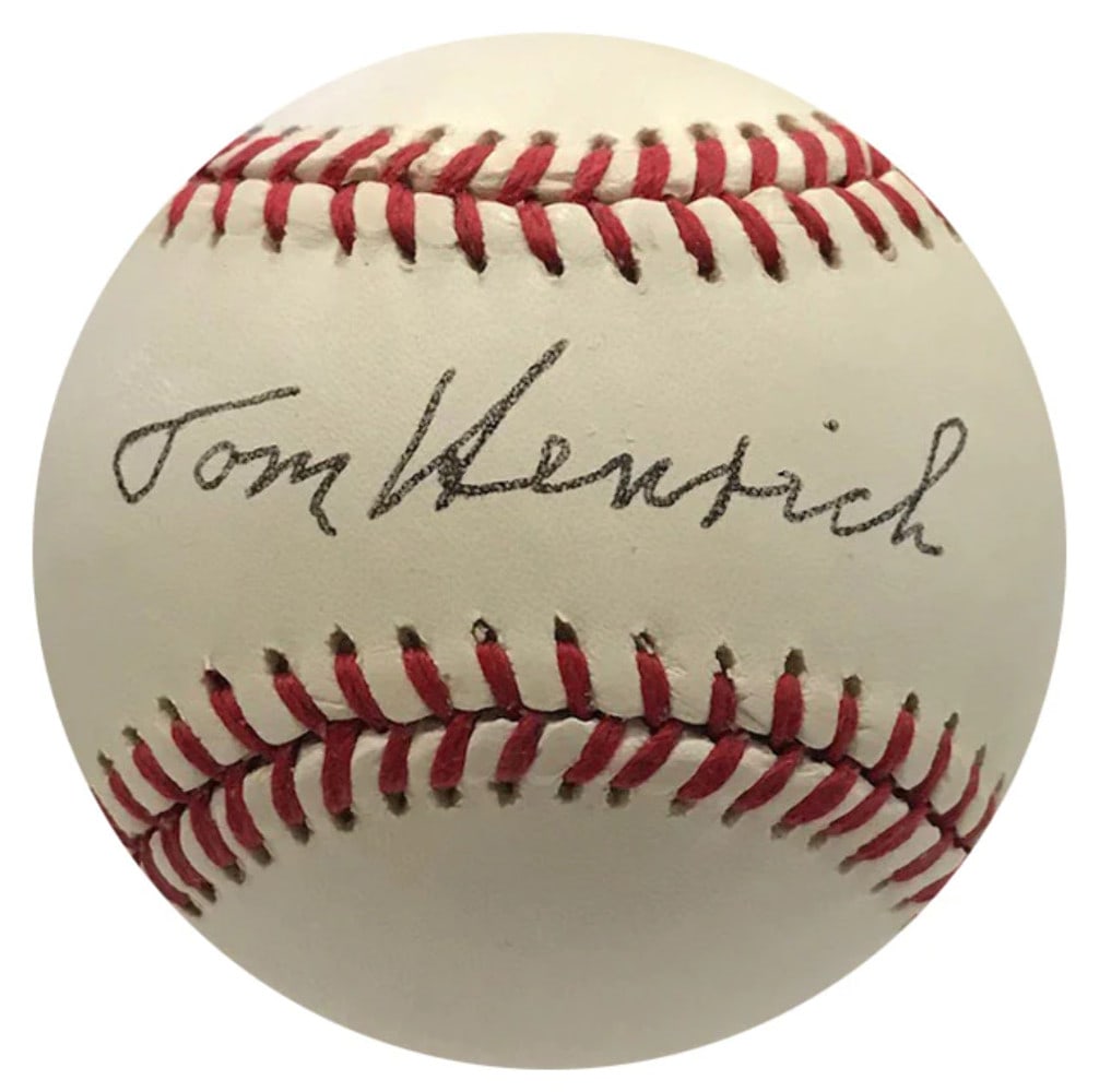 Tom Henrich Autographed Official American League Baseball (JSA): Tom Henrich Autographed Official American League Baseball (JSA) Tom Henrich's black pen signature across the sweet spot of this official American League baseball is verified by James Spence Authentica