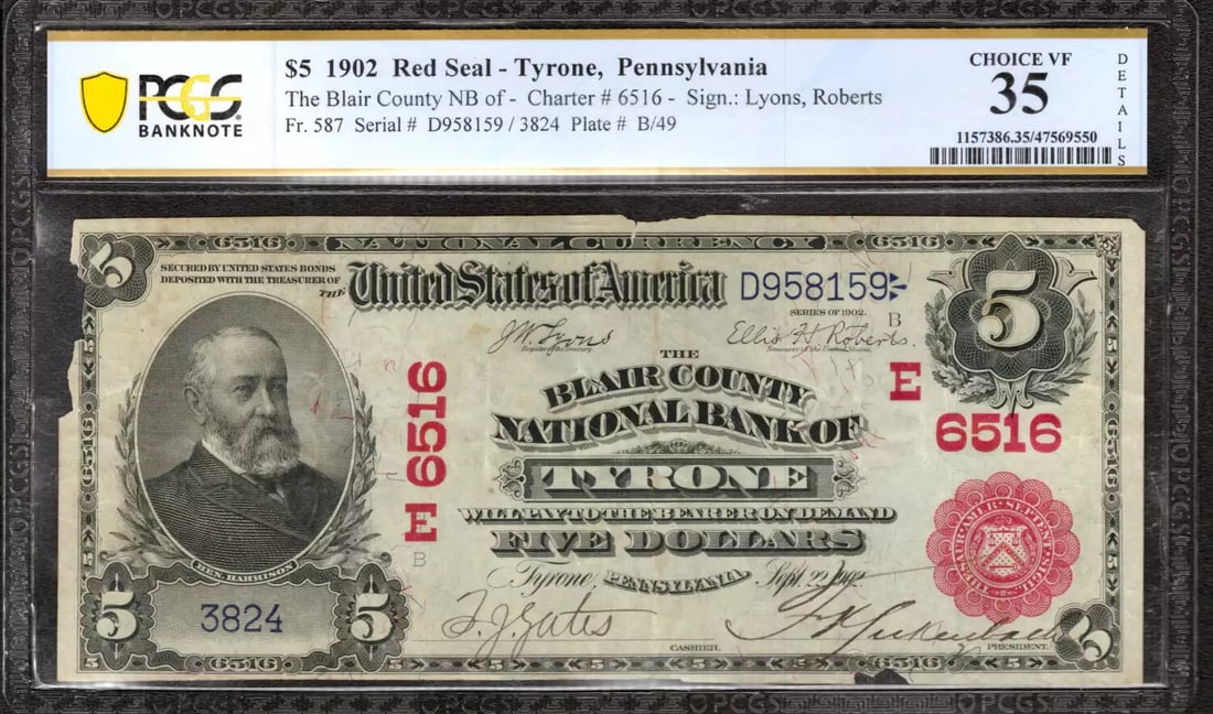 1902 RED SEAL $5 BLAIR COUNTY NATIONAL BANK NOTE TYRONE PENNSYLVANIA PCGS 35 NET: 1902 RED SEAL $5 BLAIR COUNTY NATIONAL BANK NOTE TYRONE PENNSYLVANIA PCGS 35 NET The 1902 Red Seal $5 Blair County National Bank Note, graded PCGS 35, boasts its circulated condition and unique serial