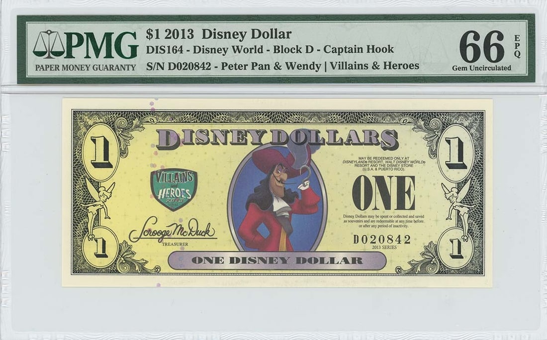2013 $1 Disney Dollar DIS164 PMG 66 EPQ Peter Pan Captain Hook: 2013 $1 Disney Dollar DIS164 PMG 66 EPQ Peter Pan Captain Hook The 2013 Disney Dollar, certified by PMG as MS66, boasts a striking appearance with its vibrant design and crisp details. This uncirculat
