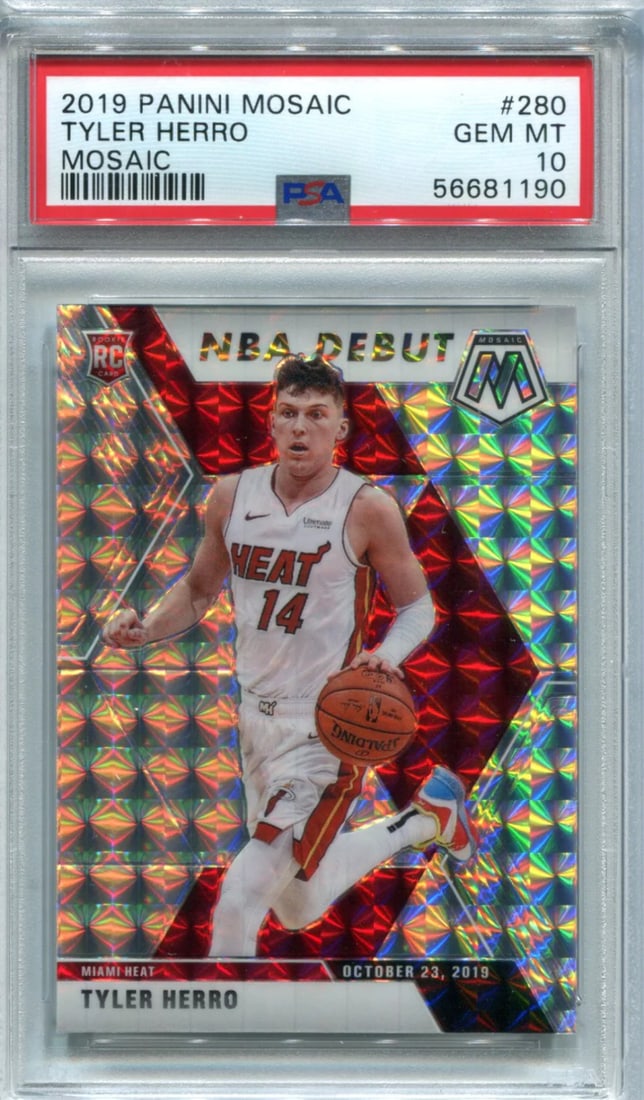 Herro 2019 Mosaic Panini PSA GEM MT 10 Card: Herro 2019 Mosaic Panini PSA GEM MT 10 Card Tyler Herro 2019 Panini Mosaic #280 PSA GEM MT 10 Card, graded by Professional Sports Authenticator and boasting a Gem Mint 10 condition. This card features