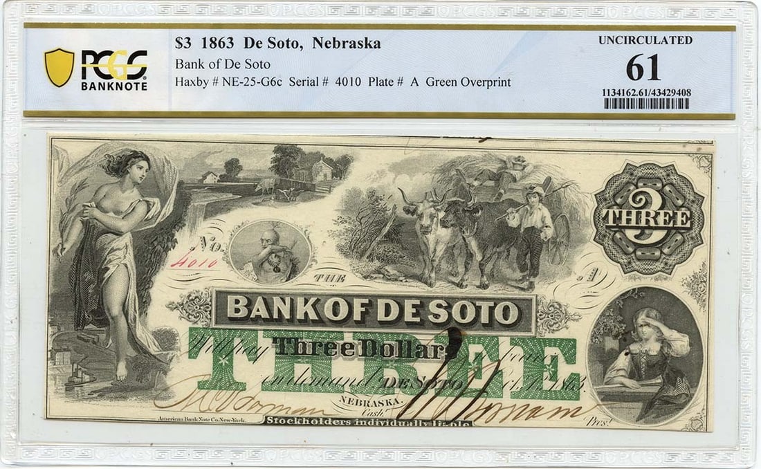 1863 $3 De Soto, Nebraska Obsolete Note Bank of De Soto PCGS UNC 61: 1863 $3 De Soto, Nebraska Obsolete Note Bank of De Soto PCGS UNC 61 PCGS UNC 61, this 1863 $3 De Soto, Nebraska Obsolete Note boasts an impressive grade from the renowned Banknote Certification Servic