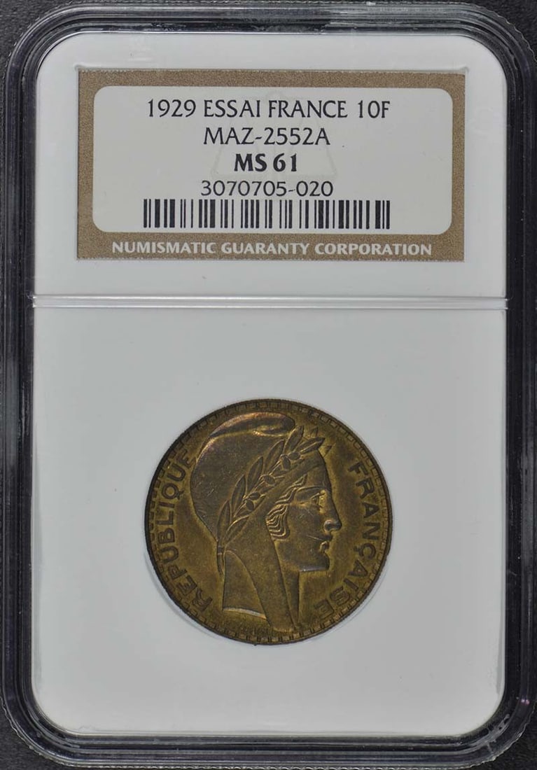 1929 France Essai 10F Maz-2552A NGC MS61: 1929 France Essai 10F Maz-2552A NGC MS61 The 1929 France Essai 10F Maz-2552A NGC MS61 is an uncirculated coin with a high grade of MS61, certified by the Numismatic Guaranty Corporation. This coin fea
